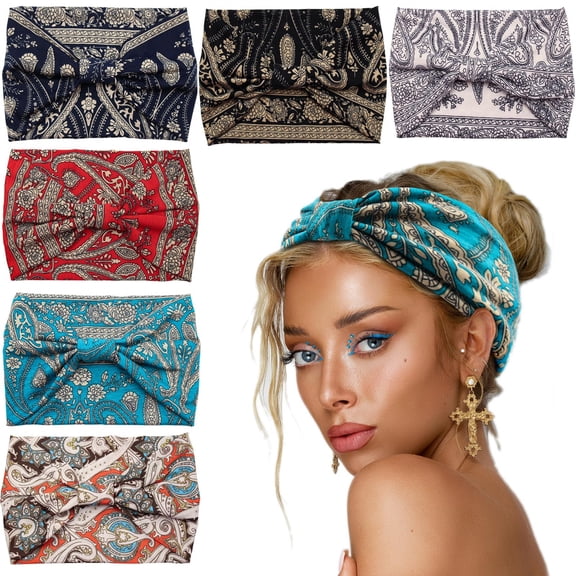 6Pcs Wide Headbands for Women Boho Knotted Head Wraps Turbans Non Slip Bandana Headbands Sport Yoga Workout Stretchy Hair Bands, Fashion Accessories Hairstyles Styling