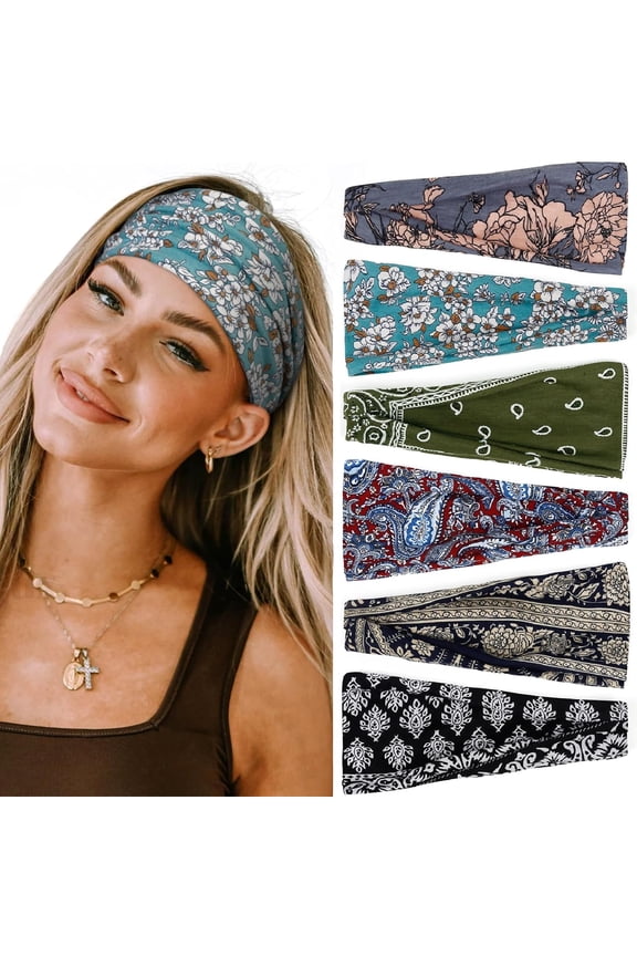 6Pcs Wide Headbands for Women Floral Printed Boho Hairband Elastic Knotted Bandana Non Slip Workout Yoga Thick Turban Head Wrap Fashion Hair Accessories for Teen Girls
