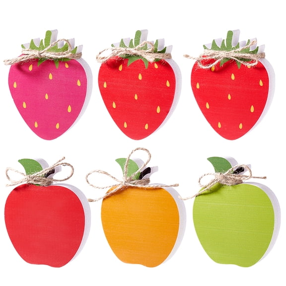 6Pcs Wood Fruits Figurines for Home Desktop Decoration with Jute Cord Strawberry Mixed Color 100x78-83mm
