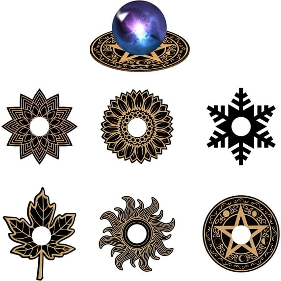 AHANDMAKER 6Pcs Wood Mini Crystal Sphere Display Stand, Black Wooden Display Holder, Wood Crystal Ball Stand for 3-7cm Sphere Natural Crystal Ball Collection Home Decor, Flower Snowflake Sun Star