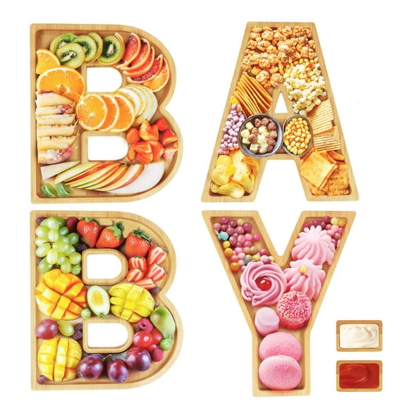 6Pcs Wooden Baby Charcuterie Board Letters, Baby Letter Serving Tray Dish with 2 Dipping Saucers, Snack Food Cake Cookies Platter for Baby Shower Birthday Party Gender Reveal Decorations