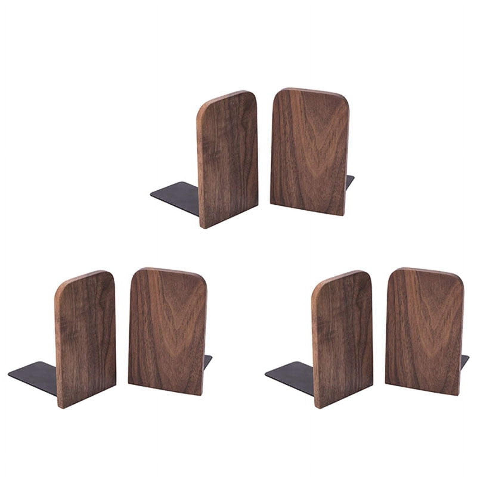 6Pcs Wooden Bookends with Metal Base Heavy Duty Black Walnut Book Stand