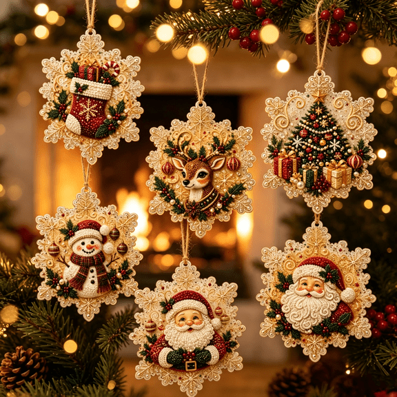 6Pcs Wooden Christmas Ornaments DIY Pearl Art Kits for Adults, With Rope & Twine, For Tree Window Decor, Creative Christmas Gift