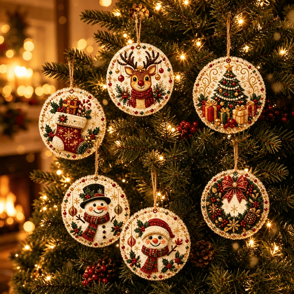 6Pcs Wooden Christmas Ornaments DIY Pearl Art Kits for Adults, With Rope & Twine, For Tree Window Decor, Creative Christmas Gift