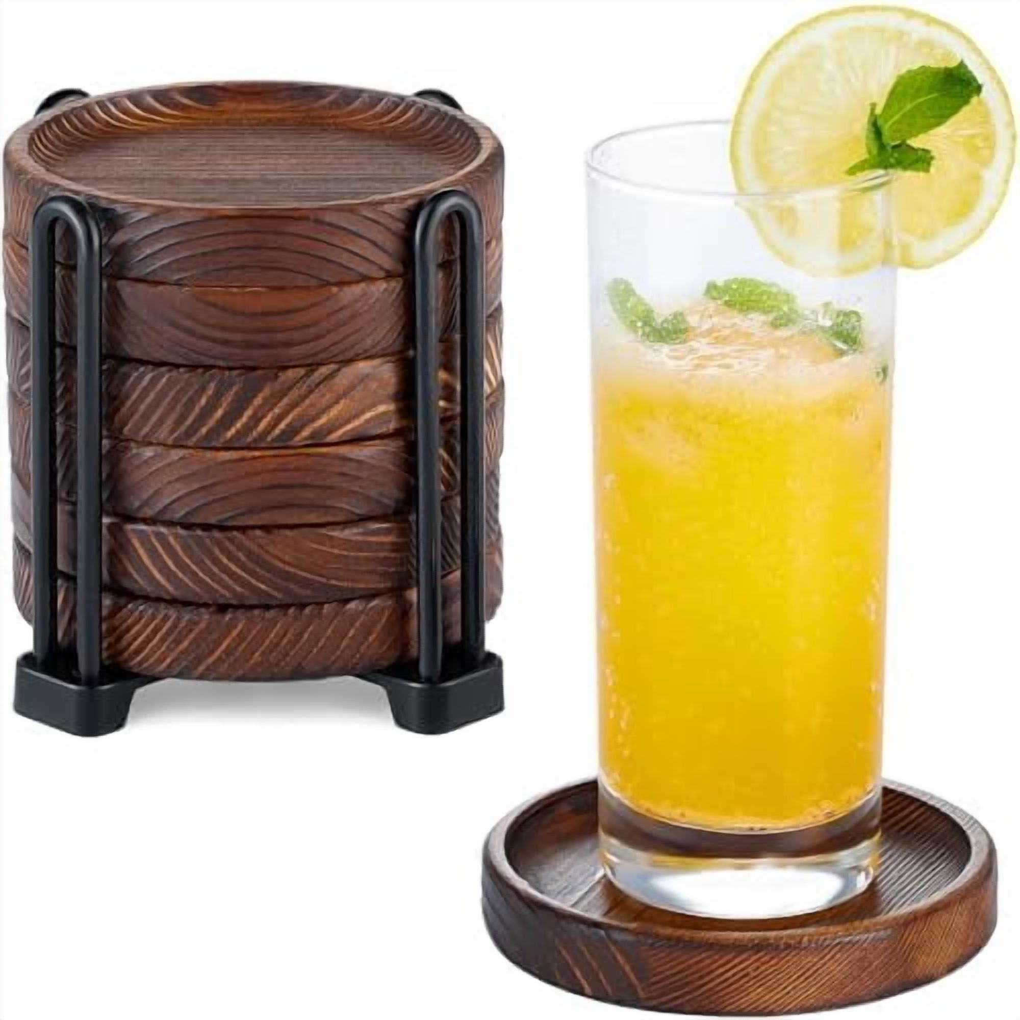 6Pcs Wooden Coasters for Drink-Acacia Wood Drink Coasters Set with ...
