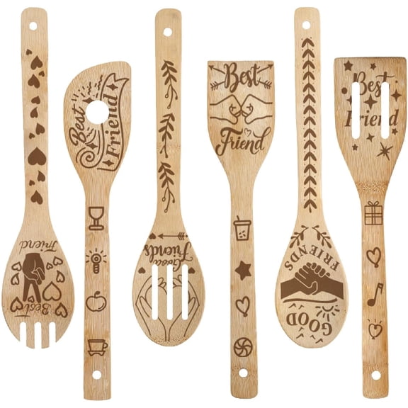 6Pcs Wooden Spoons Utensils Plam Best Friend Friendship Words Tableware Dinnerware Bamboo Cooking Natural Carve Burned Slotted Spatulas for Kitchen Decor Gifts Housewarming Wedding Birthday