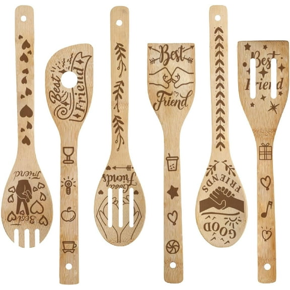 6Pcs Wooden Spoons Utensils Plam Best Friend Friendship Words Tableware Dinnerware Bamboo Cooking Natural Carve for Kitchen Decor Gifts Housewarming Wedding Birthday colorful DIY