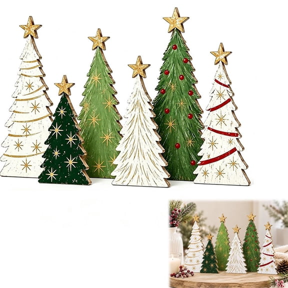 6Pcs Wooden Tabletop Tree Decor Set 3 Sizes 17/12/10cm Rustic Solid Wood Freestanding Winter Table Sign, Flat Base No Assembly Farmhouse Tiered Tray Mantel Window Holiday Decor