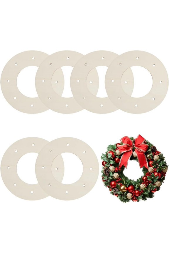 6Pcs Wooden Wreath Frames Wreath Rings for DIY Crafts Round Christmas Hanging Wreaths Ornaments Decorations Circle Unfinished Wood with Hole for Wedding Decor Supplies 7.8Inch for DIY Flat Round