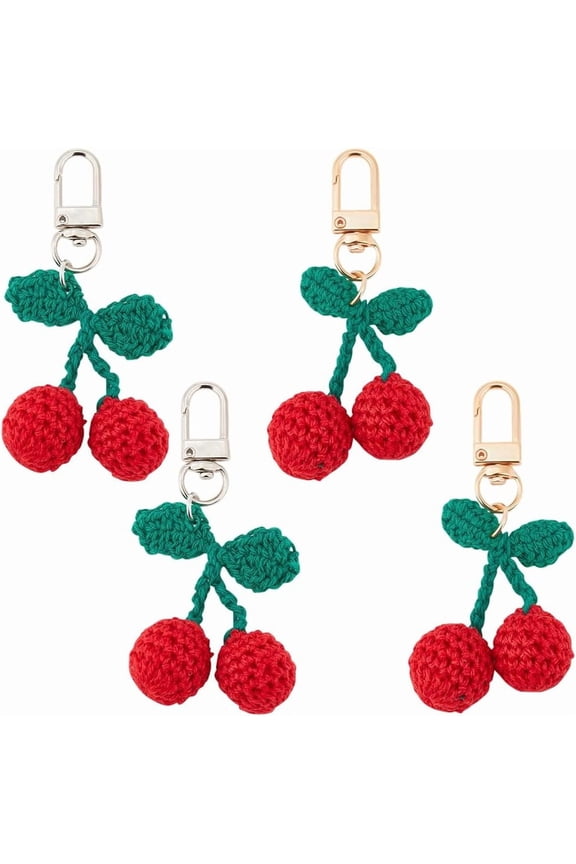 6Pcs Wool Knitted Cherry Keychains Cute Crochet Fruit Woven Yarn Lovely Plush Red