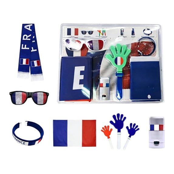 6Pcs World Cup 2026 Soccer Fan Support Kit, World Cup Merch for Fans Accessories, Flag, Scarf, Glasses, Clapper, Face Paint & Wristband, Fan Cheering Props for Match Day & Parties - France