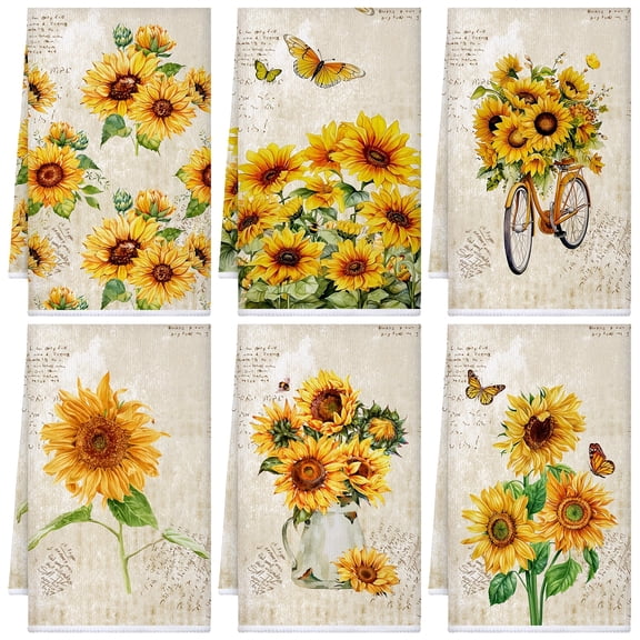 6Pcs Yellow Sunflower Kitchen Towels, Absorbent Quick-Drying Hanging Tea Towels, Decorative Reusable Dish Cloths for Cooking Baking Housewarming Gifts