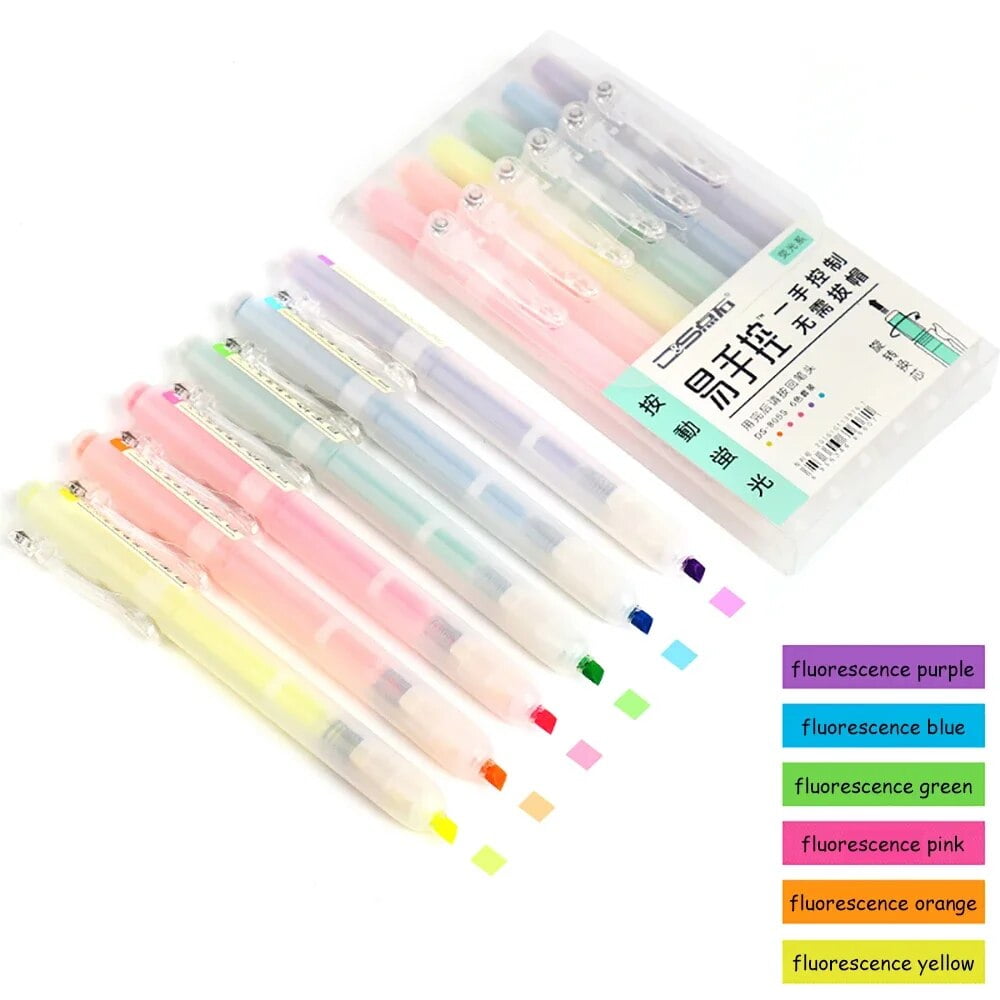 6Pcs/set Retractable Highlighters Refillable Pastel Highlighter Pen