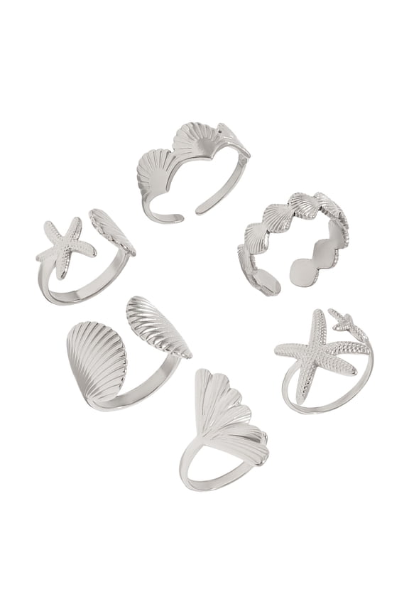 6Piece Adjustable Open Joint Rings Set Starfishes Shell Star Designs Hot Day Beach Jewelry Gift for Women Friend Sisters