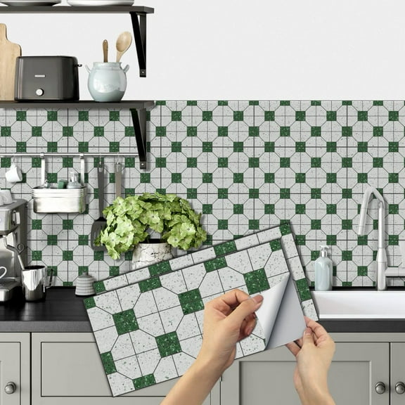 6Piece Peel and Stick Tile Stickers Backsplash 11.8x5.9inch Green Gray Mosaic Geometric Pattern Wall Decals Self Adhesive Waterproof Vinyl Wallpaper