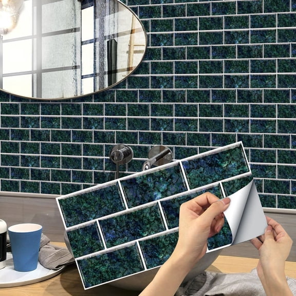 6Piece Self Adhesive Blue Green Marbling Grain Tiles Wall Stickers Decals 11.8" x 5.9" Vinyl Peel and Stick Backsplash Kitchen Bathroom Decor