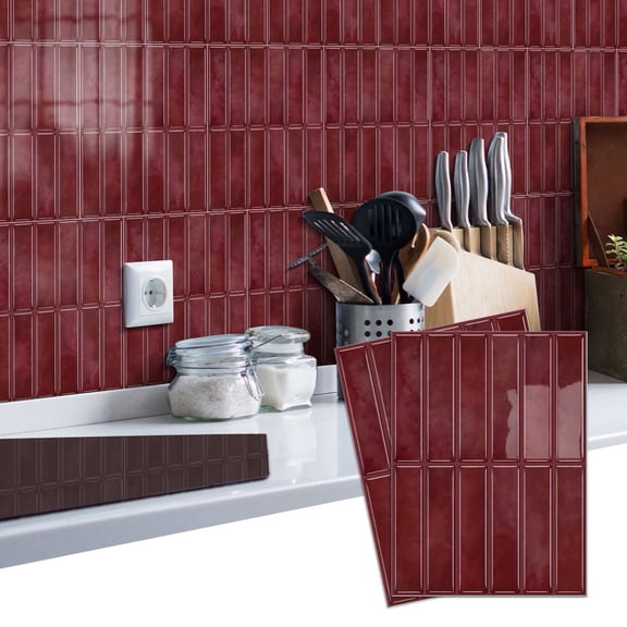 6Piece Self Adhesive Dark Red Tiles Wall Stickers Decals 6.7" x 9" Geometric Pattern Vinyl Peel and Stick Backsplash Kitchen Bathroom Decor