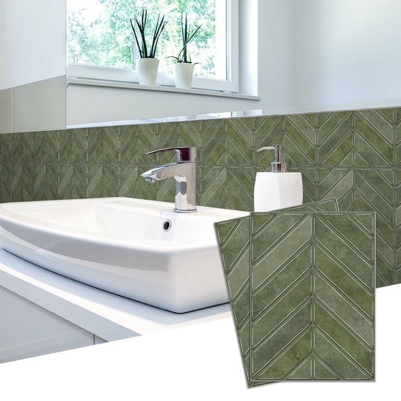 6Piece Self Adhesive Green Gray Tiles Wall Stickers Decals 6.7" x 9" DIY Decor Geometric Pattern Sticker Peel and Stick Kitchen Backsplash