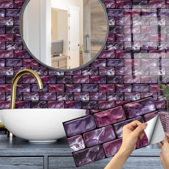 6Piece Self Adhesive Tiles Wall Stickers Decals 11.8"x5.9" Vinyl Mosaic Brick Purple Marbling Peel and Stick Backsplash for Kitchen Bathroom