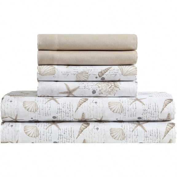 6Piece Sheet Set with cases 12inch Deep Pockets Tropical Beach Coastal Design King Shell Note Taupe
