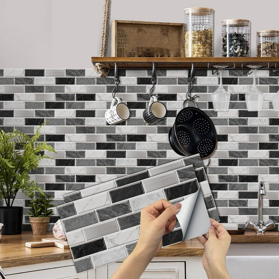 6Piece Waterproof Tile Stickers Mosaic Brick 11.8x5.9inch Wall Decals DIY Tiles Vinyl Backsplash Self Adhesive Black Gray Marble Wallpaper
