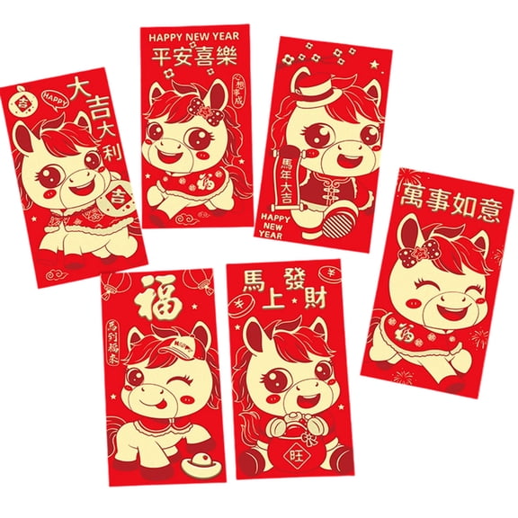 6Pieces Cartoon Styles Chinese Horses Red Envelopes Good Fortunes Blessing For New Year Wedding Party