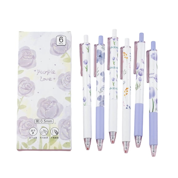 6Pieces Flower Print Gel Pen 0.5MM Tip Quick Drying Retractable Gel Pen Comfortable Grip for Writing Noting Journaling