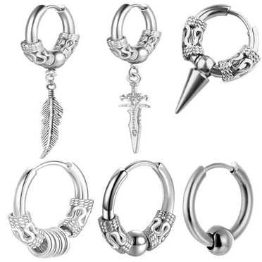 6Pieces/Set Stainless Steel Black Stud Earrings for Men Feather Hoop Huggie Hinged Loop Punk Piercing Earring Set