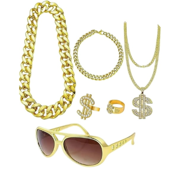 6Pieces Set of Hip Hop Dollar Sign Necklaces and Rings Metal Necklace Unique Jewelry Present for Youthful Trendsetters