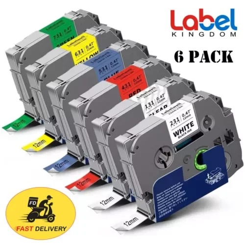 6Pk Label Maker Tape 12Mm Laminated For Brother P-Touch Tz-231 Tze-231 Pt-D210