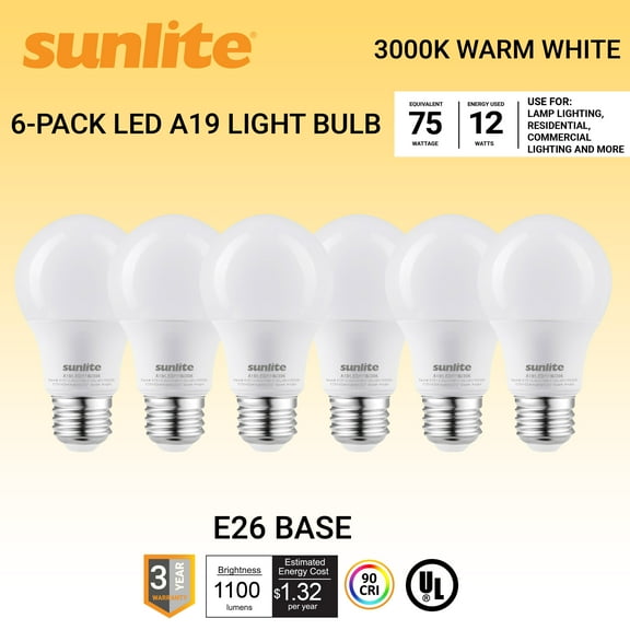 Sunlite LED A19 Light Bulb, 11 Watts (75W Equivalent), 1100 Lmns, 120V, Dimmable, Medium E26 Base, 90 CRI, 230 Degree Beam Angle, UL Listed, Title-20 Compliant, 3000K Warm White, 6 Pack