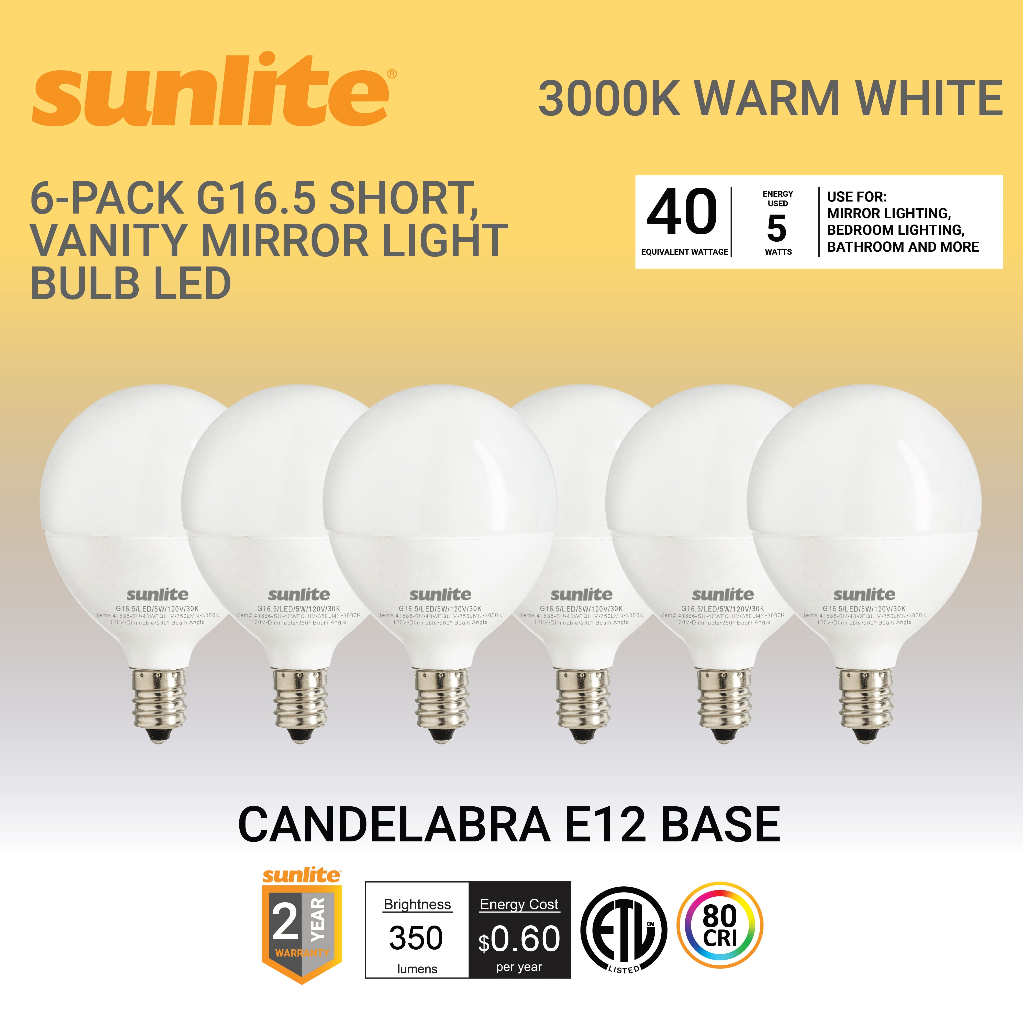 Sunlite G16.5 Light Bulb, LED, 5W (40W Equiv.), 350 Lumens, Dimmable, E12 Base, 3000K, Frosted, 6 Ct, ETL