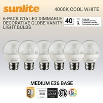 Sunlite G16 LED Dimmable Light Bulb,5W (40W Eq.),350 Lmns,E26 Base,4000K Cool White,Clear,6-Pack