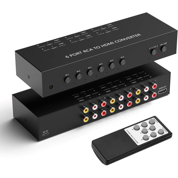 6Port AV to HDMI Converter, Will Convert Input Analog Aignals to a Digital Output Signal, Built-in 16:9/4:3 Adjustment, Perfect for Old Video Game Systems,PS,WII,Xbox,DVD,VHS(with Remote)
