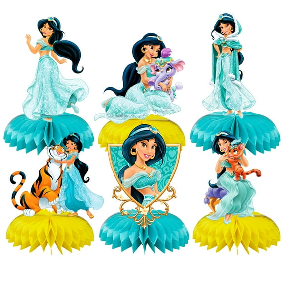 6Psc Princess Jasmine birthday party supplies, honeycomb center decorations, party decorations, double-sided desktop decorations, center decorations for parties
