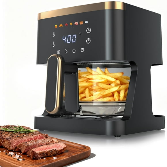 7-in-1 Air Fryer, 5 QT Clear Glass Basket Fryer, 360 Cooking Window, 1400W Precise Heating for Even Results, Air Fry, Reheat, Roast, Bake, Dishwasher-Safe Parts, LED Smart Touchscreen, 85% Less Fat
