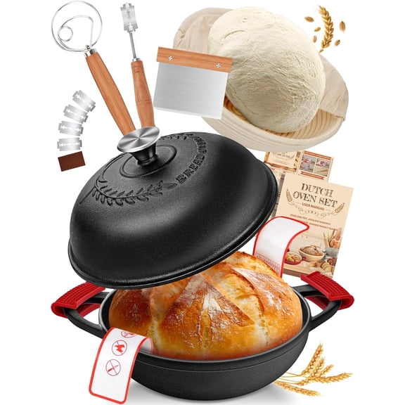 6QT Cast Iron Dutch Oven Bread Baking Pot with Lid and Complete Sourdough Kit Including Banneton Basket Dough Tools Silicone Sling for Artisan Bread Making