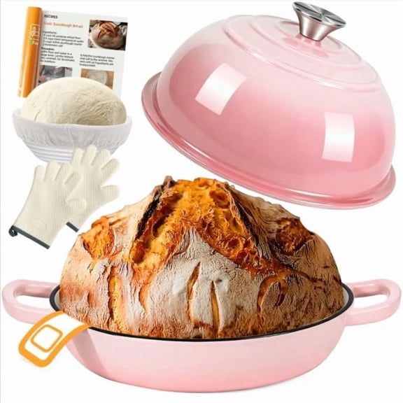 6QT Dutch Oven For Bread Baking, Enameled Cast Iron Dutch Oven Pot with Lid, Multi-Functional Bread pan, Sourdough Baking Supplies with Proofing Basket, Cast Iron Bread Oven, Sling & Gloves.