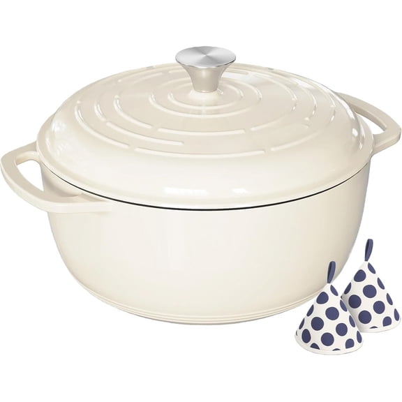 6QT Enameled Cast Iron Dutch Oven with Lid, Versatile Heavy-Duty Cookware Pot for Baking Bread, Braising, Soups & Stews, Oven & Stovetop Safe with Heat Resistant Gloves(Cream White)