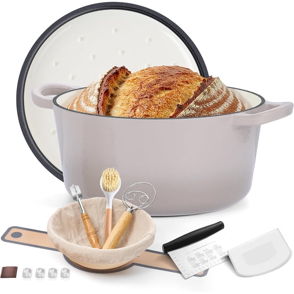 6QT Enameled Cast Iron Dutch Oven Pot for Bread Baking with Self-Basting Lid & Sourdough Bread Baking Supplies, Heavy Duty Casserole Pot & Dual Handles-Khaki