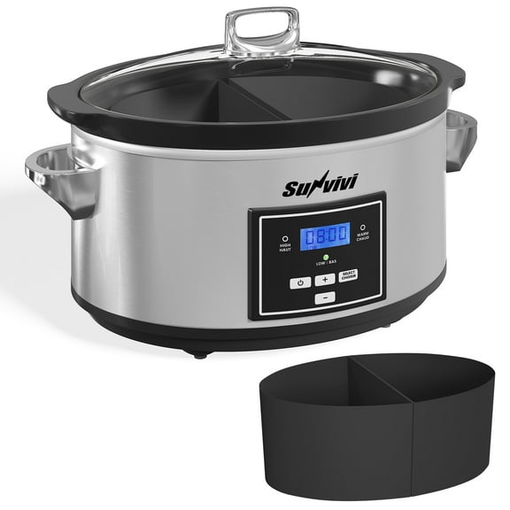 Sunvivi 6 Qt Programmable Slow Cooker with 2-in-1 Silicone Liners - Digital Timer - Silver
