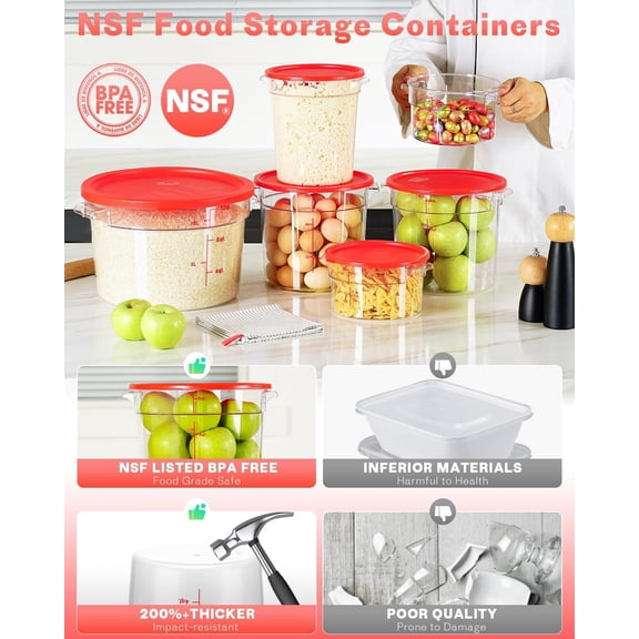 6QT Round Food Storage Containers with Lids - 4 PCS Dough Proofing Box Set for Pizza Bread Hot Cold Resistant NSF Certified