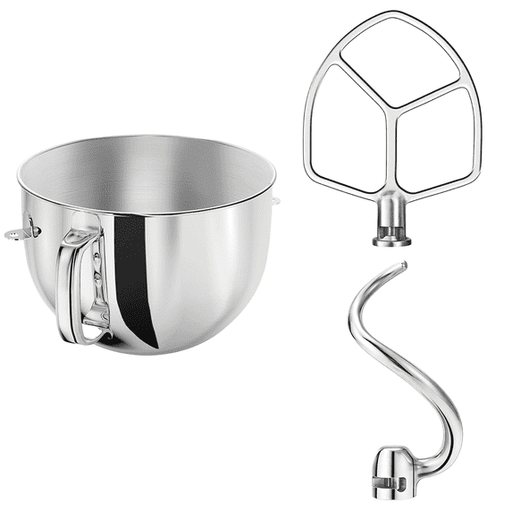 6QT Stainless Steel Mixing Bowl, Flat Beater & Dough Hook 3-Piece Set for KitchenAid 5-6QT Bowl-Lift Stand Mixers, Heavy Duty, Dishwasher Safe, Compatible with Professional 600 Series, KSM5, KV25