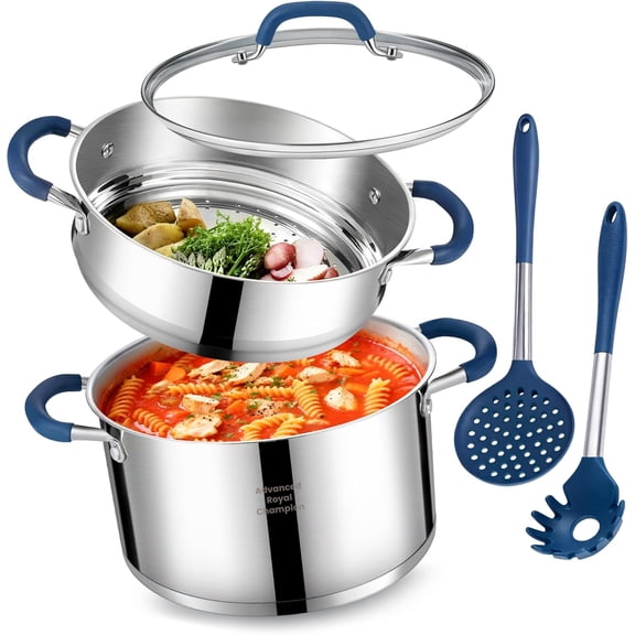 6QT Stainless Steel Stock Pot w/Steamer Basket, Multi-steamer Pot With Tempered Glass Lid for Cooking, Multipurpose Cookware with Silicone Handle for Veggies, Soup, Seafood, Induction-Ready