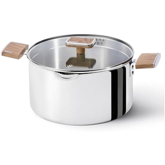6QT Stainless Steel Stock Pot with Glass Lid, Large Soup Pot with Wood-Grain Handles, Deep Pot for Soup, Pasta & Stew