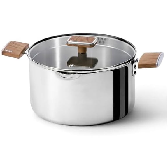 6QT Stainless Steel Stock Pot with Glass Lid, Large Soup Pot with Wood-Grain Handles, Deep Pot for Soup, Pasta & Stew
