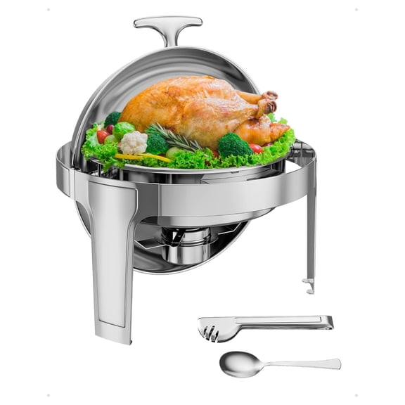 6QT Visible Round Chafing Dishes for Buffet, Commercial Roll Top Lid Stainless Steel Food Service Warmer