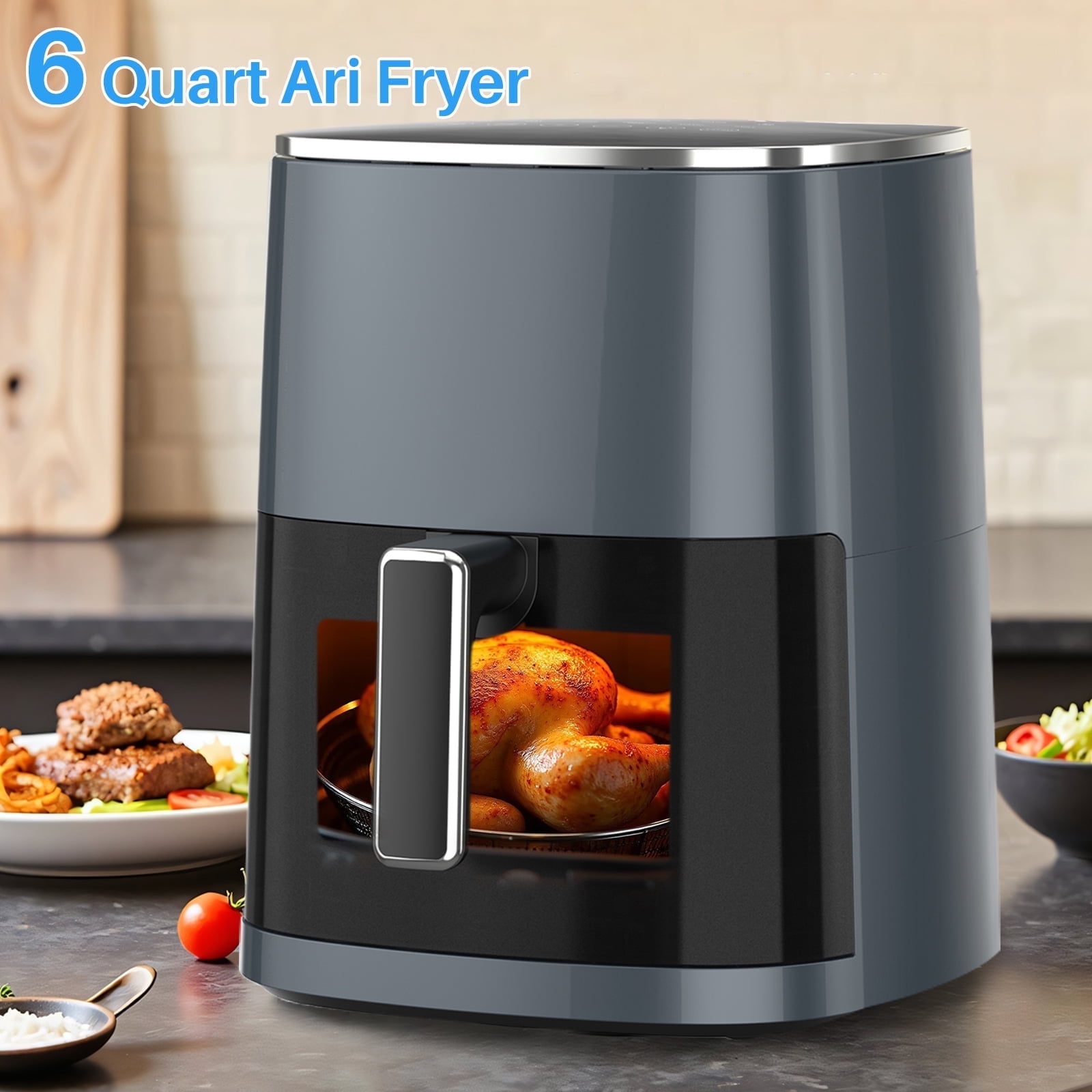 6Qt Air Fryer, Gray 12-in-1 Functions Air Fryer, Automatic Shutoff, Built-in Timer, Basket, Oil, Frying 400°F Max