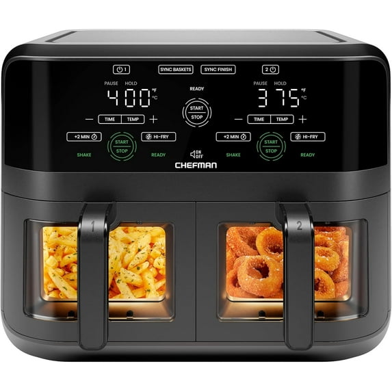 6Qt Dual Basket Air Fryer Oven with View Window, Sync Finish Technology, Auto Shutoff, 2x3Qt Nonstick Dishwasher-Safe Baskets, Hi-Fry Function, Digital Controls - Black