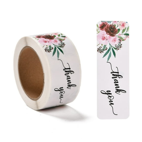 6Roll Flower Pattern Paper Gift Tag Stickers Rectangle with Word Thank You Adhesive Labels Roll Stickers for Party Decorative Presents White 2.8cm about 120pcs/roll